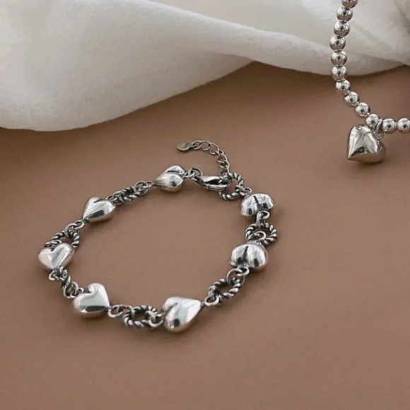 925 Sterling Silver Chunky Heart Bracelet Dangle Heart Link Bracelet - Picture 5 of 6